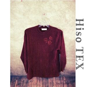 Hiso TEX sweater-burgundy w/fall leaf embellishment & braid detail-XL-VINTAGE